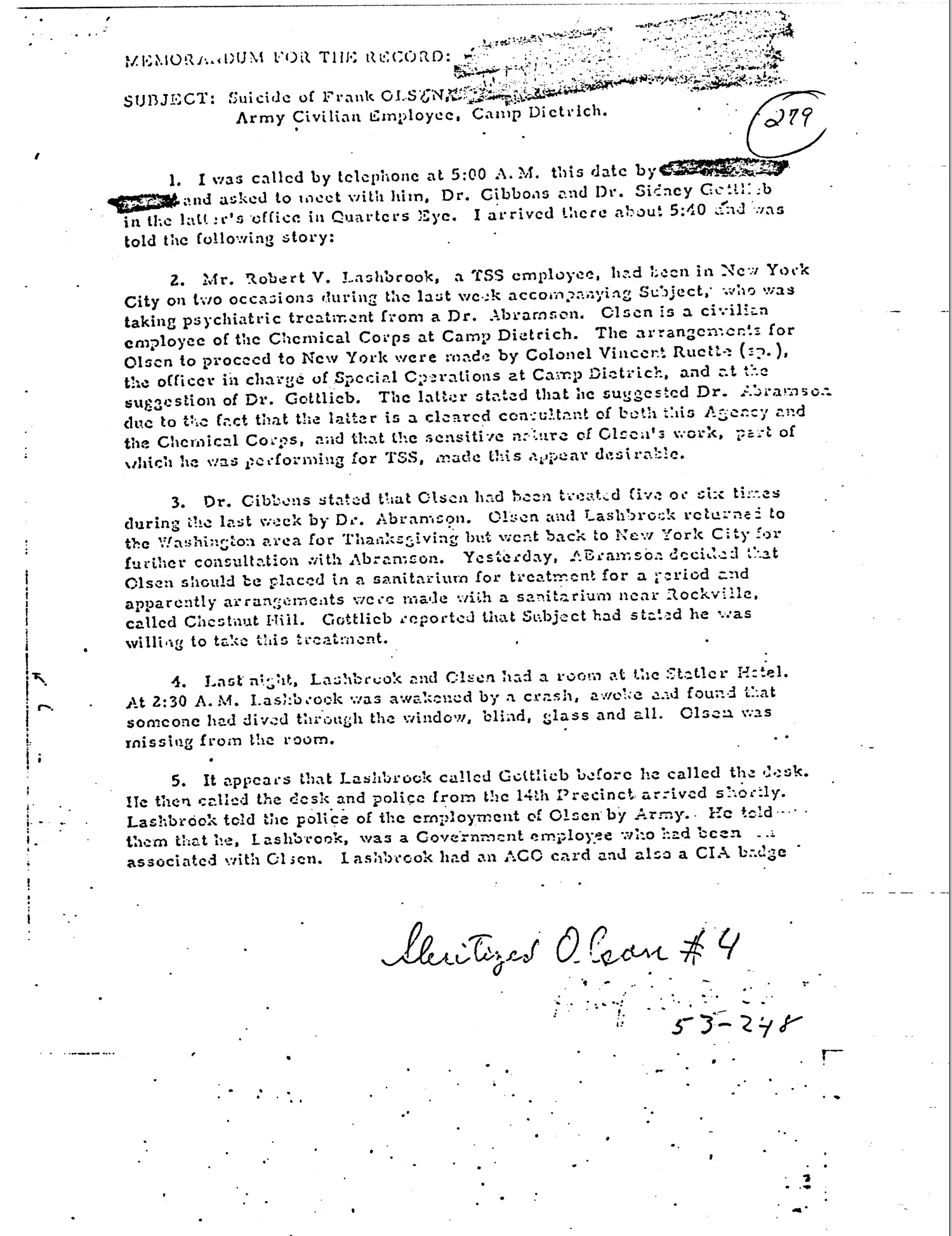 Memorandum for the Record, "Suicide of Frank Olson [deleted], Army Civilian Employee, Camp Dietrich", 30 November 1953 — opening source page