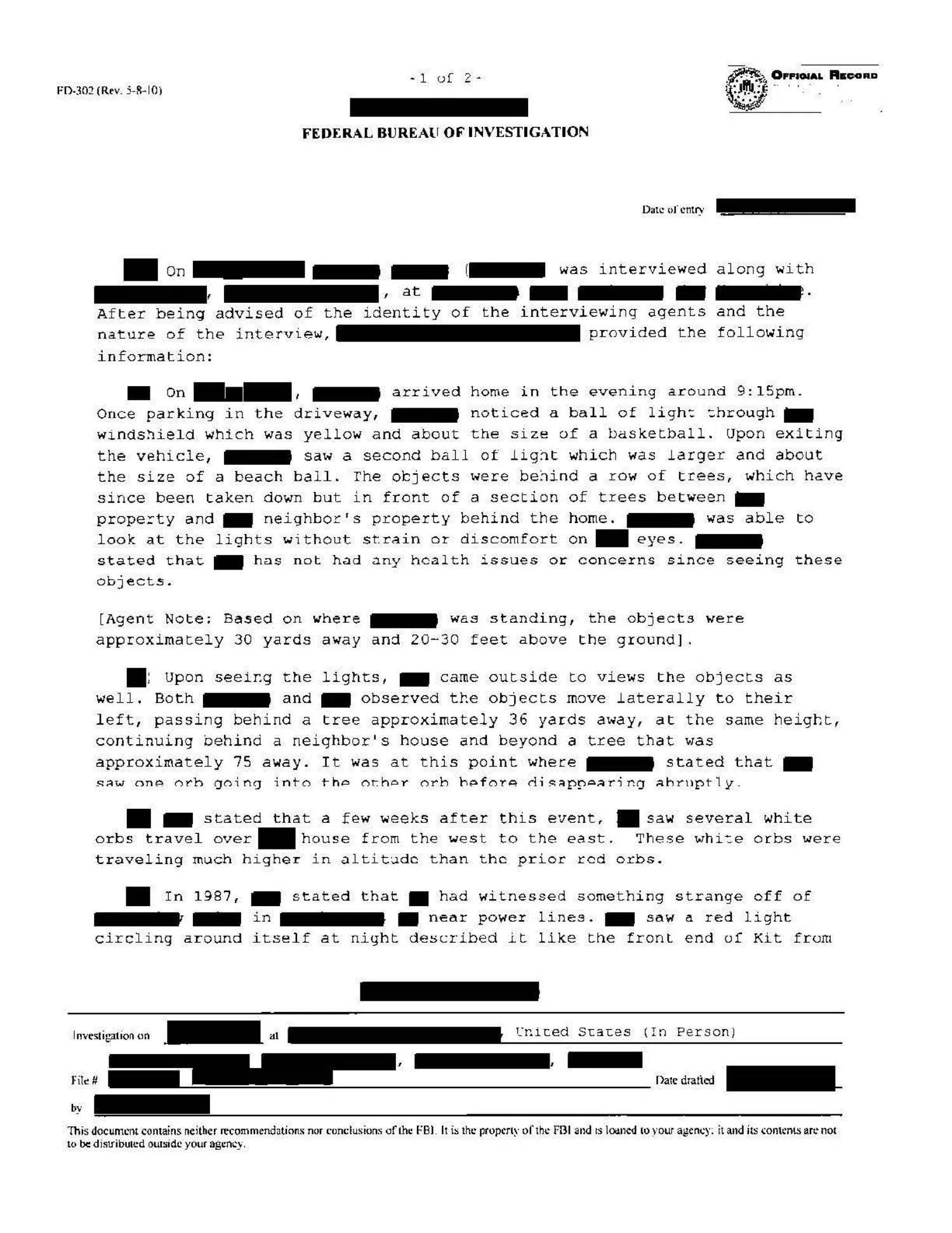 FBI interview: two lights seen from a driveway — opening source page