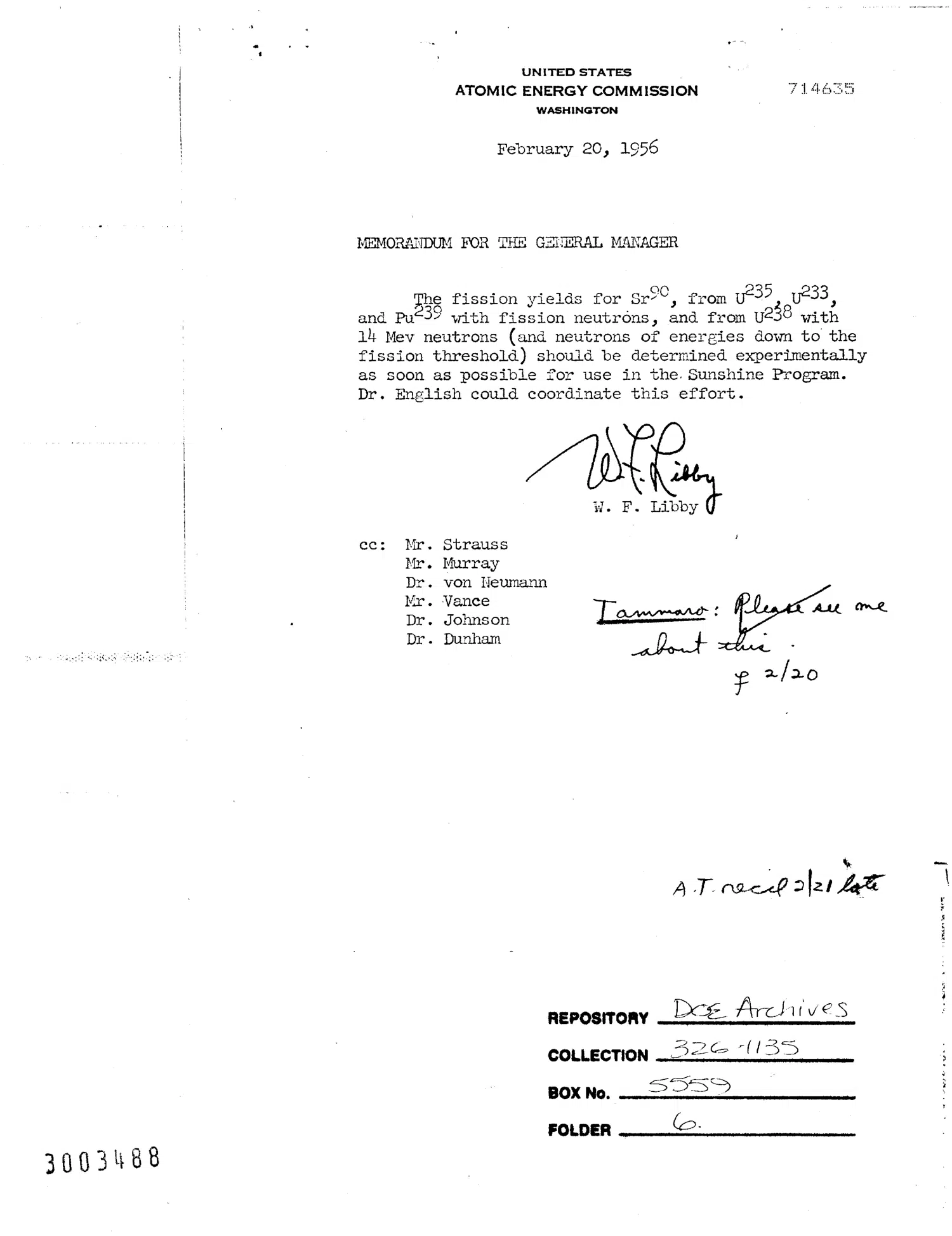 Memorandum for the General Manager - Sunshine Program — opening source page