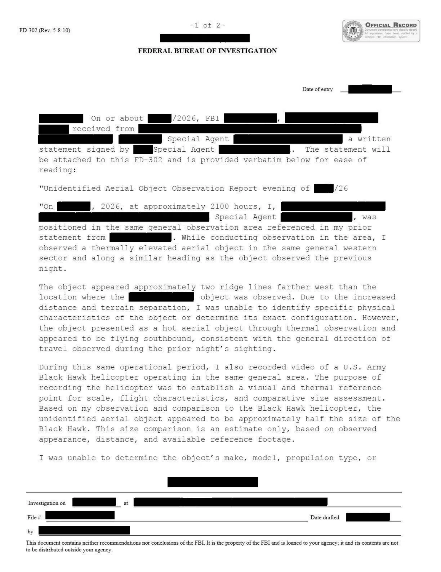 FBI interview: reported thermally elevated aerial object, Western United States, 2026 — opening source page