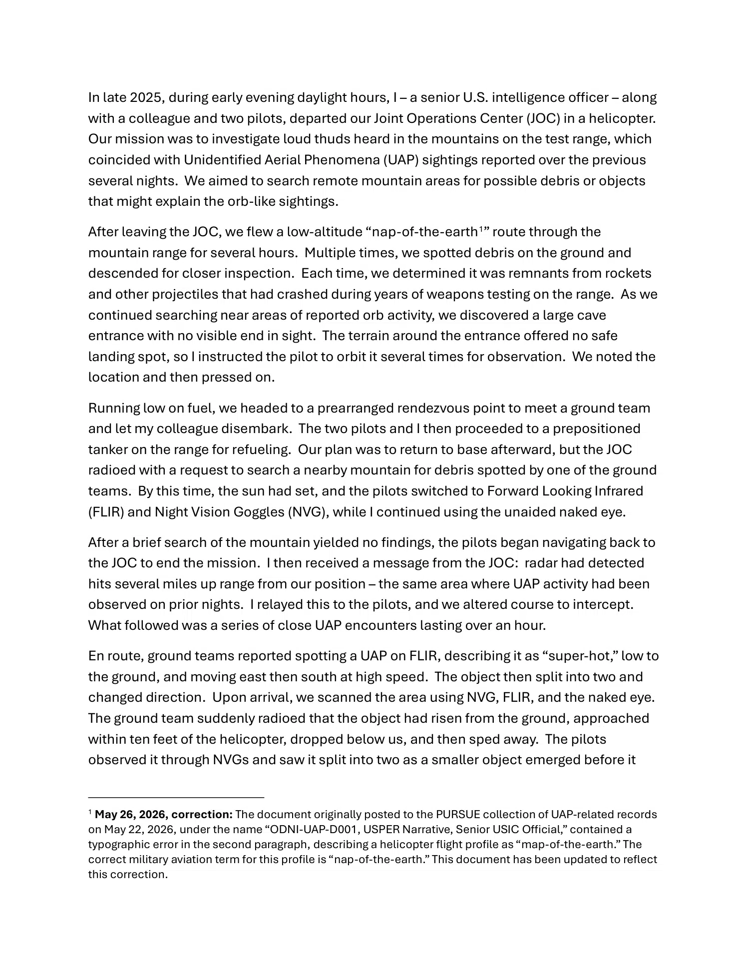 Intelligence official's account of reported orbs near a military facility, 2025 — opening source page