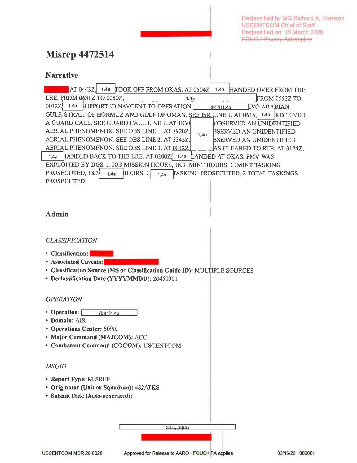 UAP mission report: three observations over the Arabian Gulf, July 2020 — opening source page