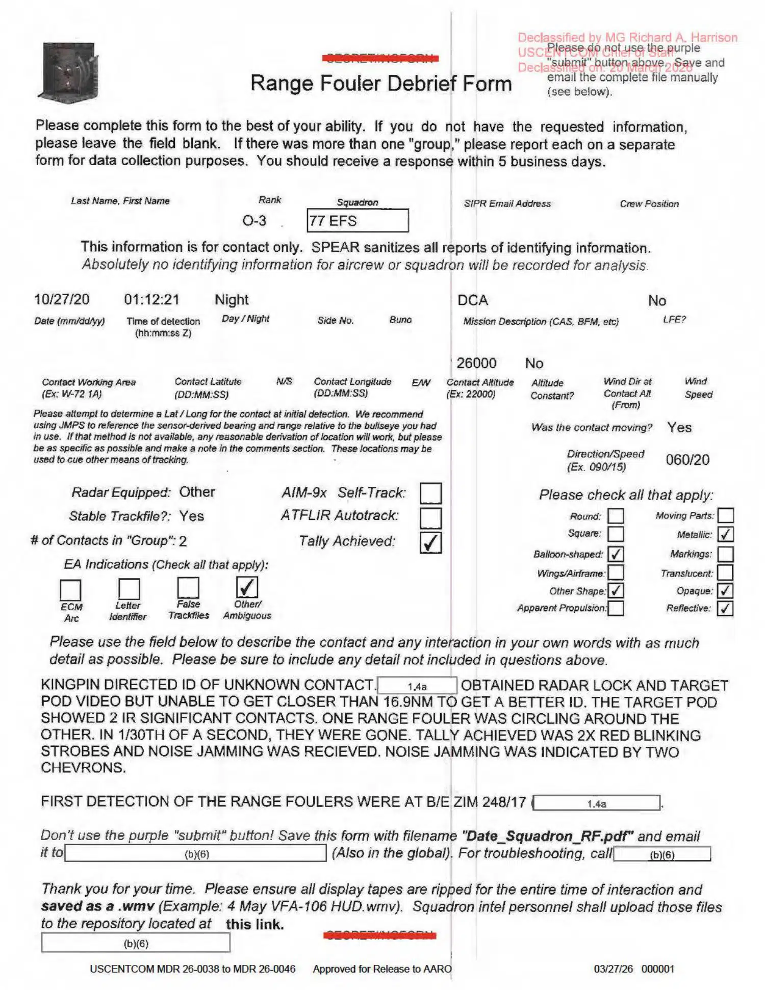 Navy range-fouler report: two balloon-shaped objects, October 2020 — opening source page