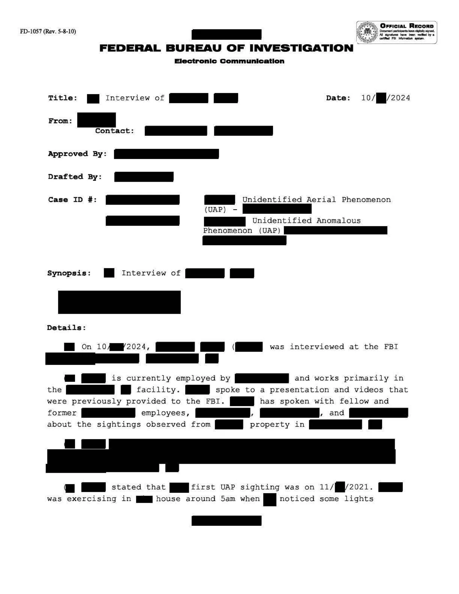 FBI interview on repeated sightings, Northeastern United States, October 2024 — opening source page