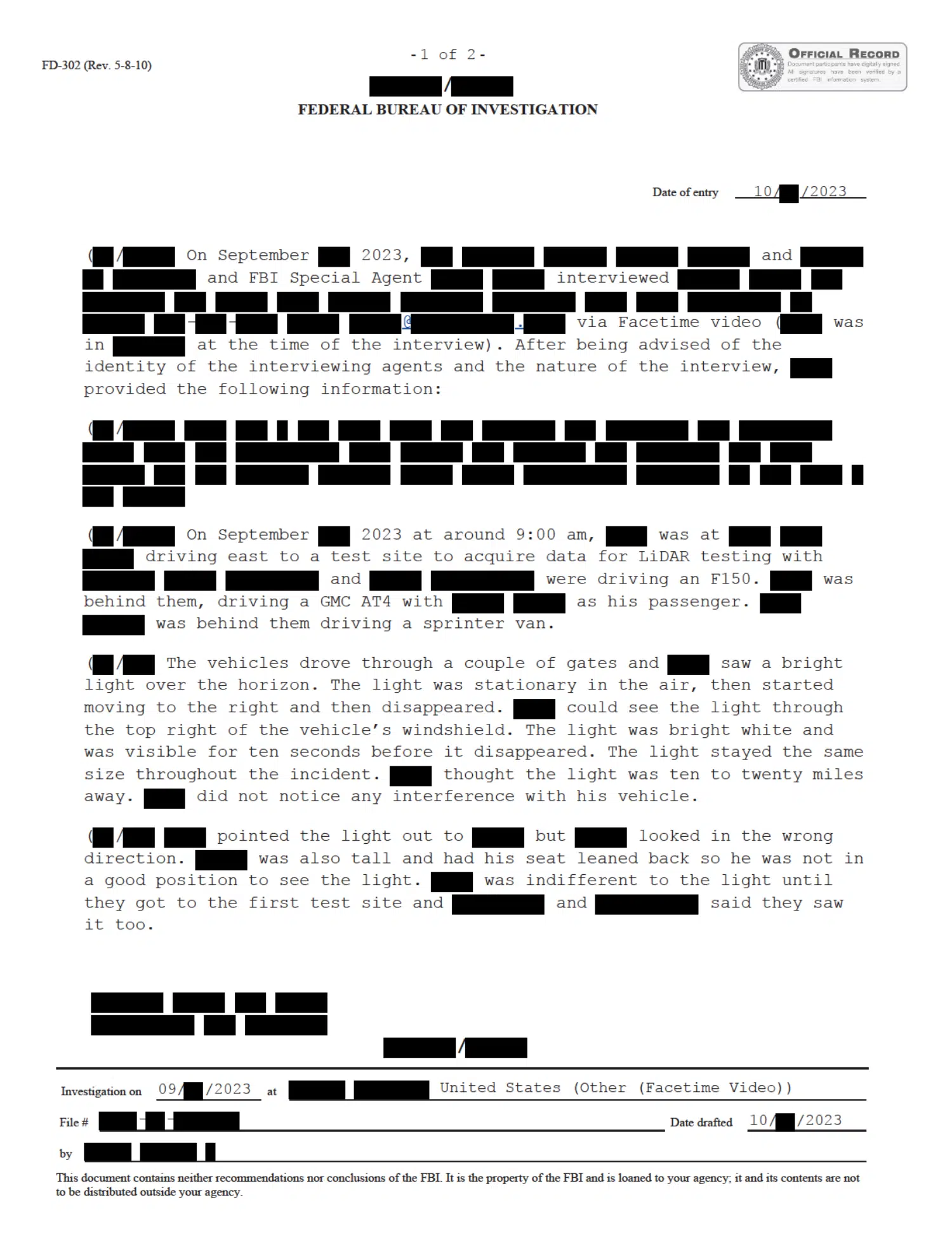 FBI interview: reported bronze object at a U.S. test site, September 2023 — opening source page