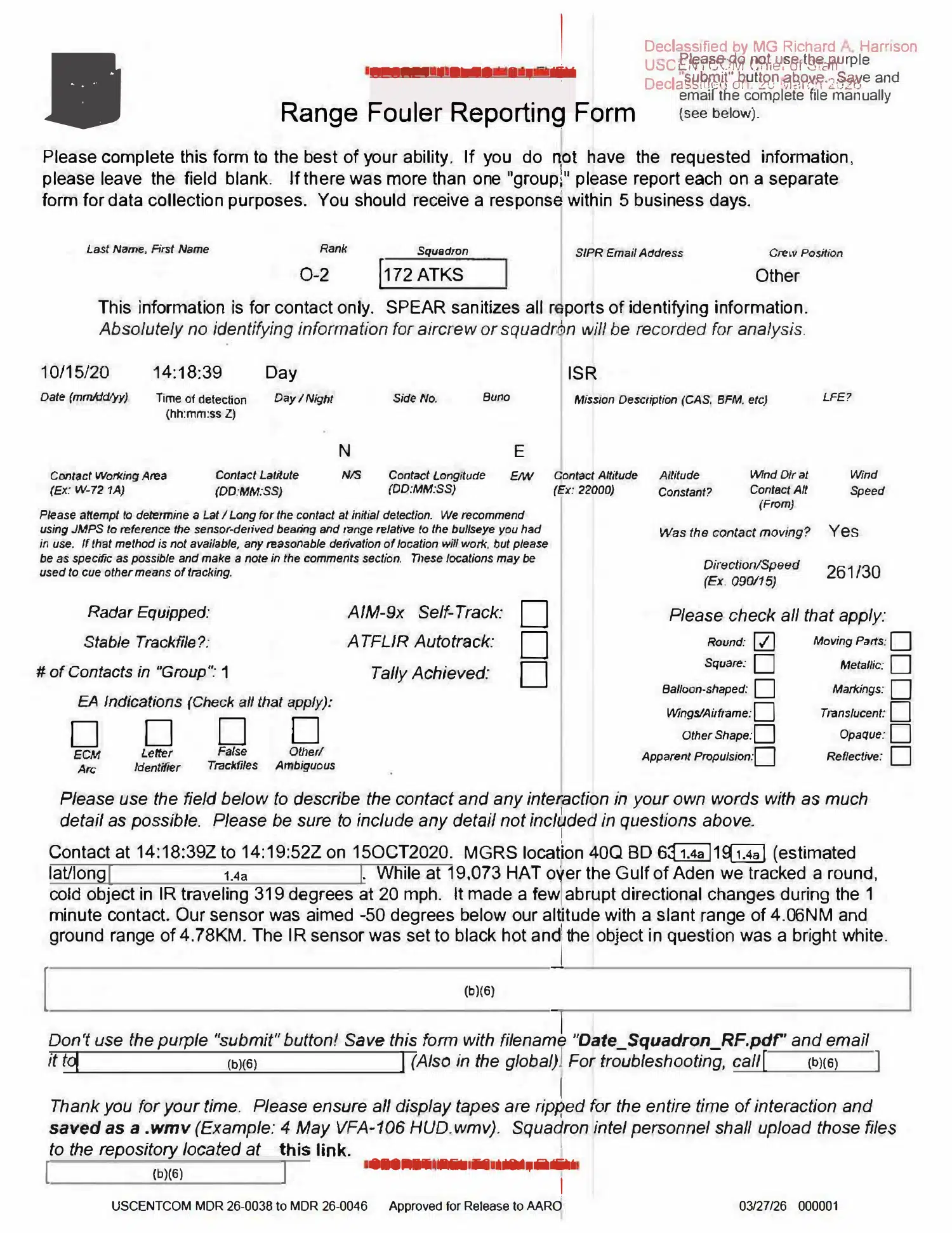 Navy range-fouler report: infrared object, Gulf of Aden, October 2020 — opening source page