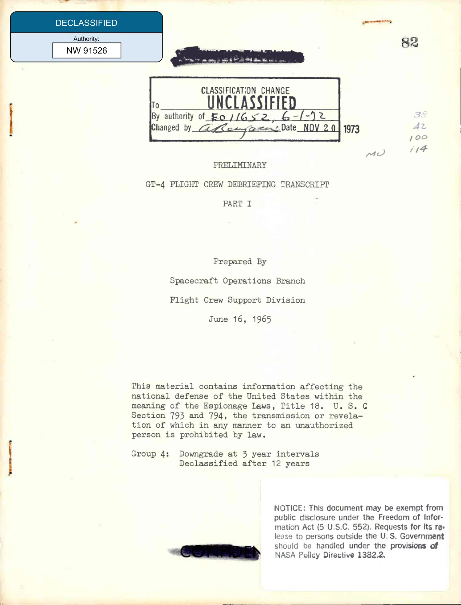Gemini 4 preliminary crew debriefing, Part I, 1965 — opening source page