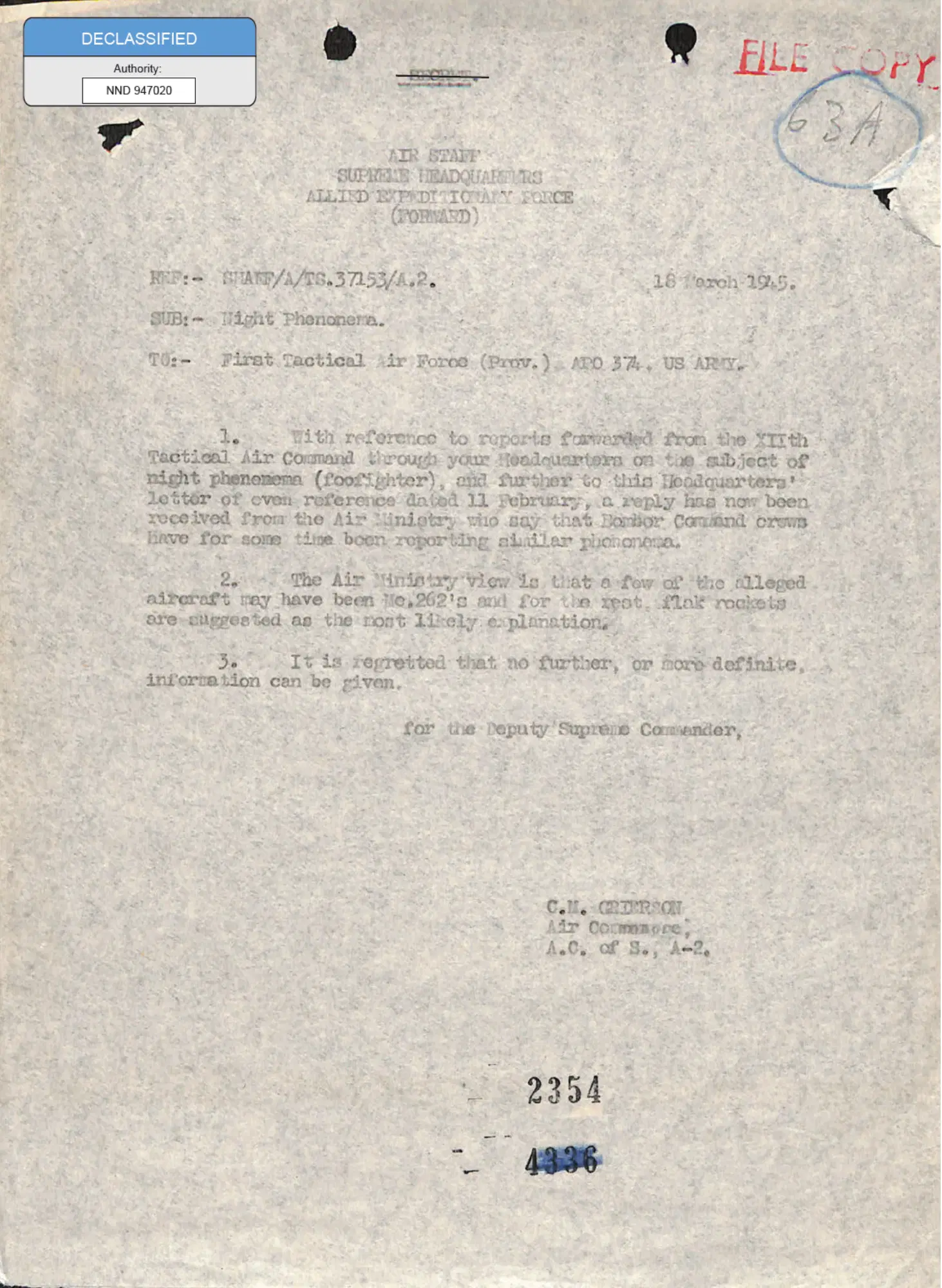 Wartime night phenomena and foo-fighter reports — opening source page