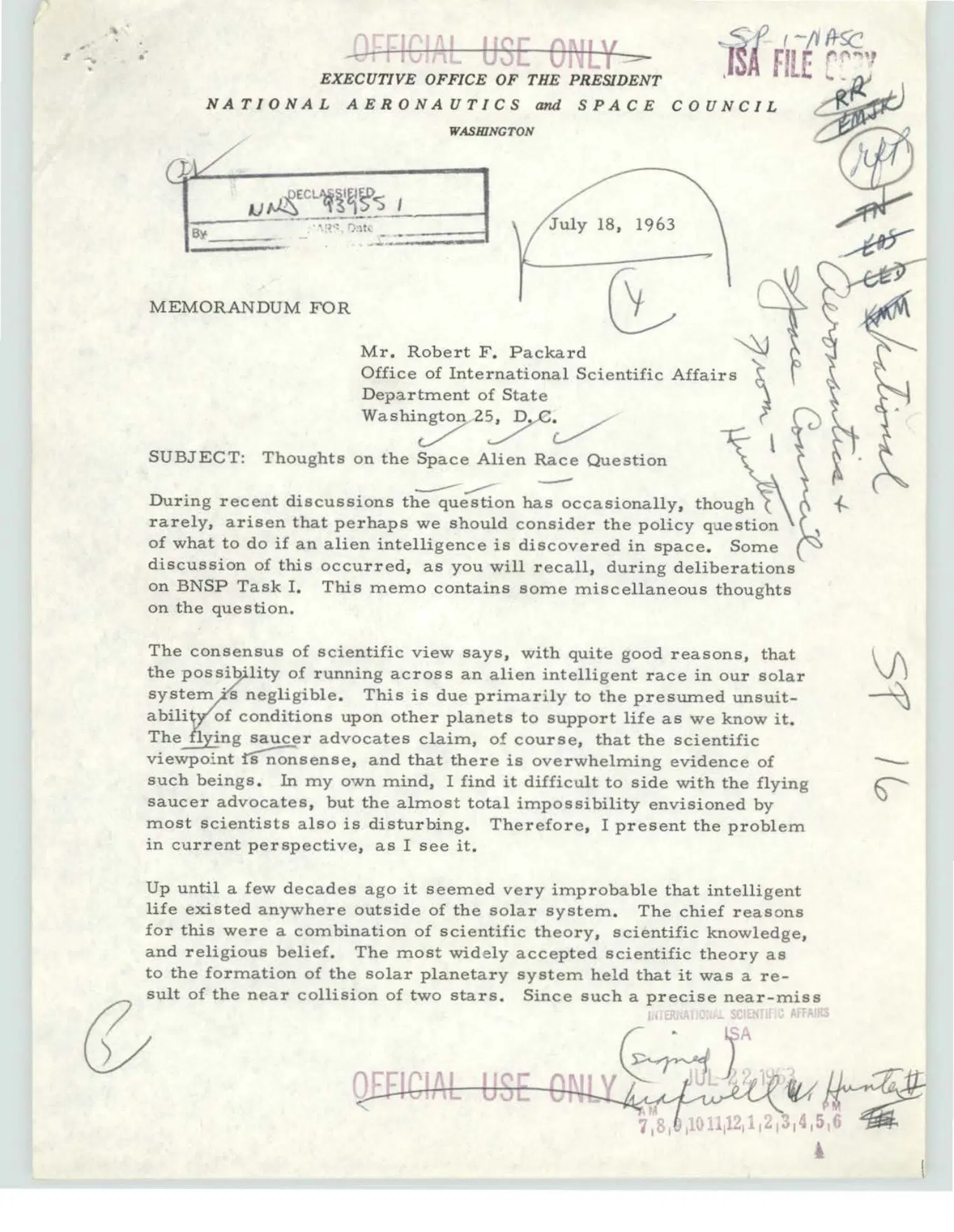 Space Council memorandum on extraterrestrial intelligence, July 1963 — opening source page