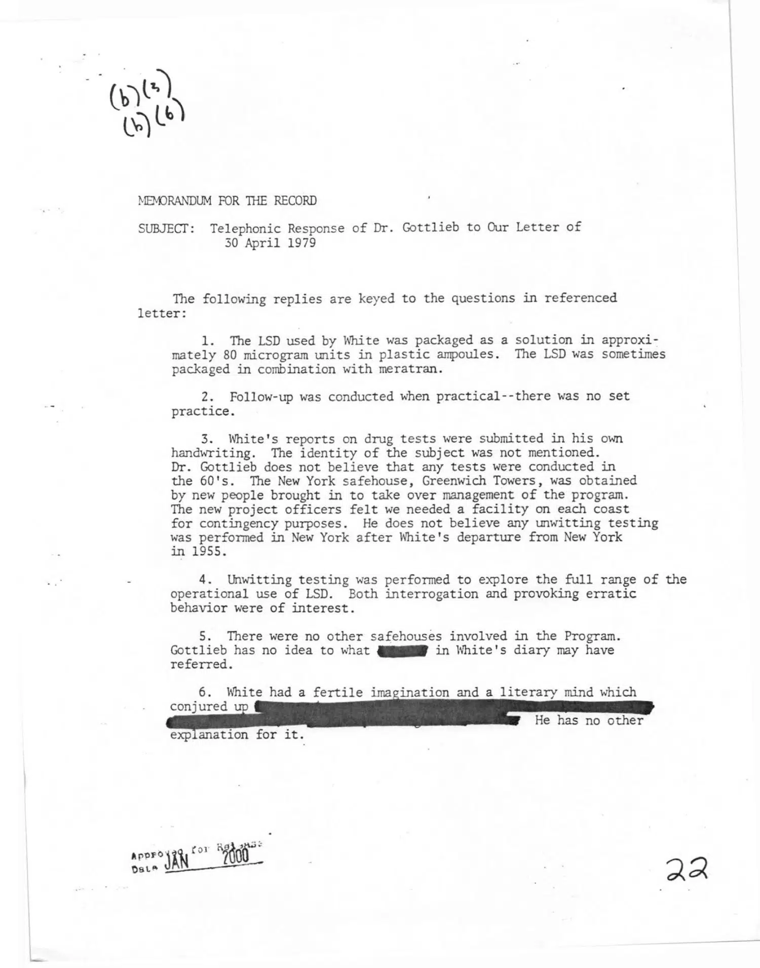 Memorandum for the Record, SUBJECT: Telephonic Response of Dr. Gottlieb to Our Letter of 30 April 1979 — opening source page