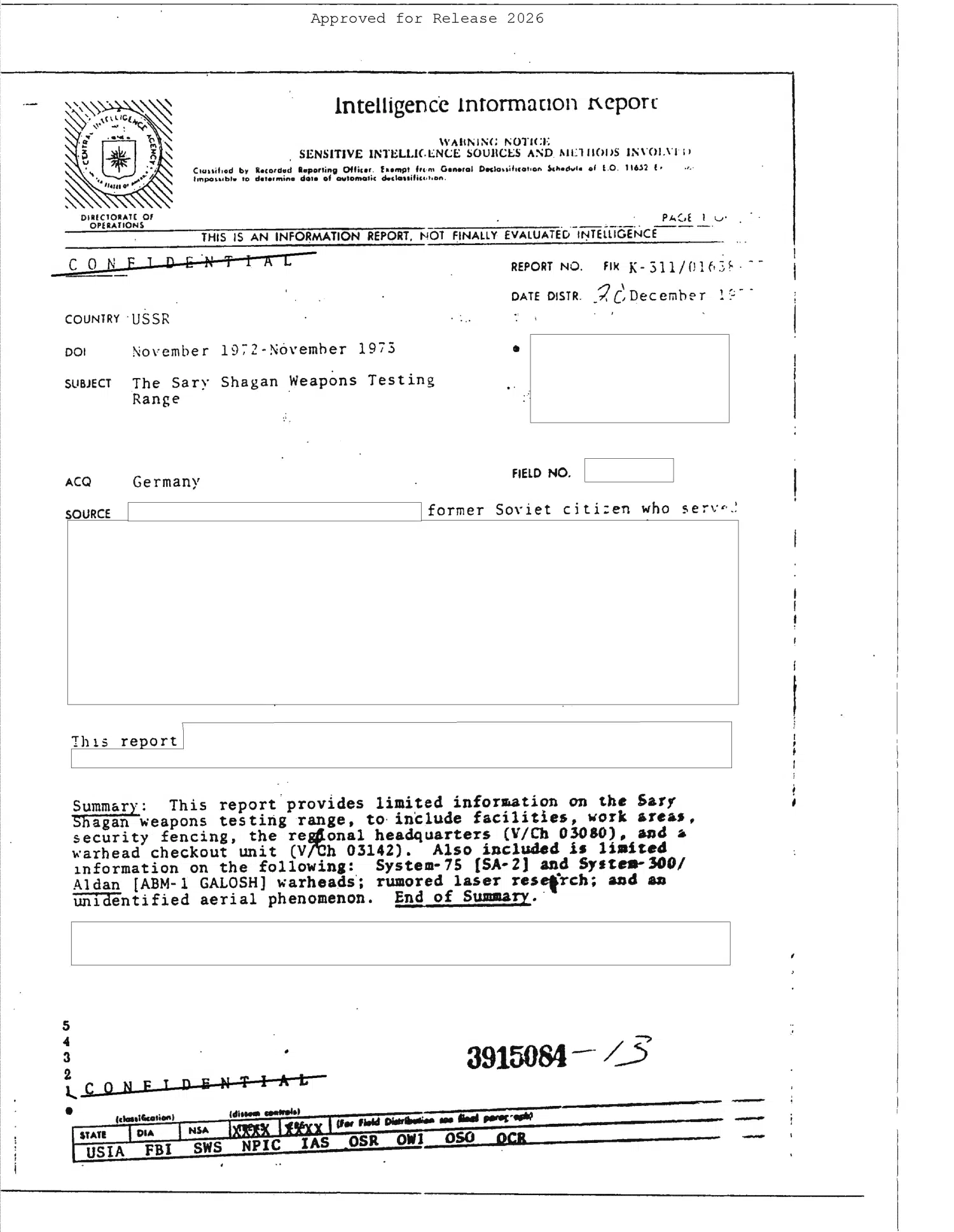 Intelligence report describing a green airborne light in the USSR, 1973 — opening source page