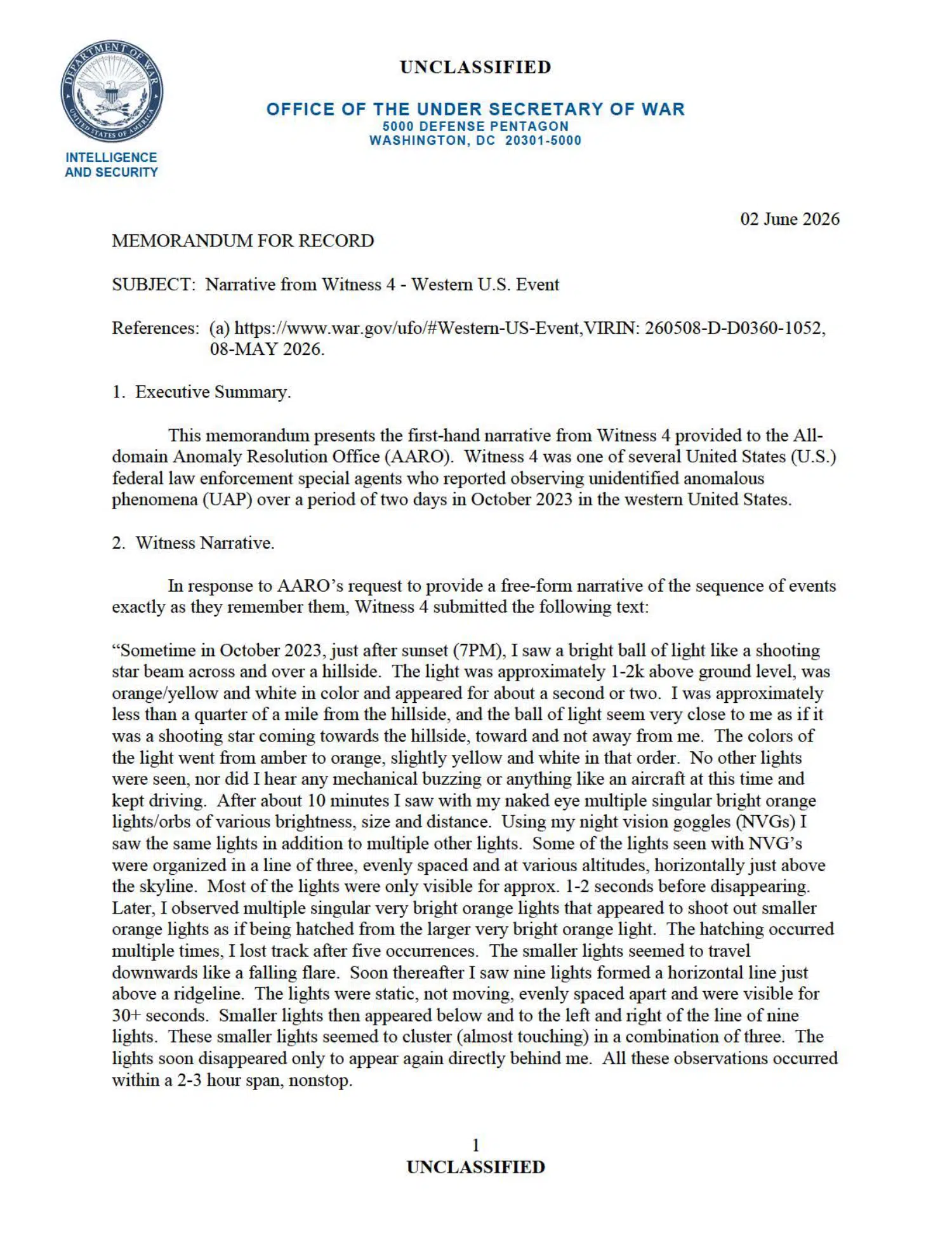 Western United States UAP event: witness 4 statement, 2023 — opening source page