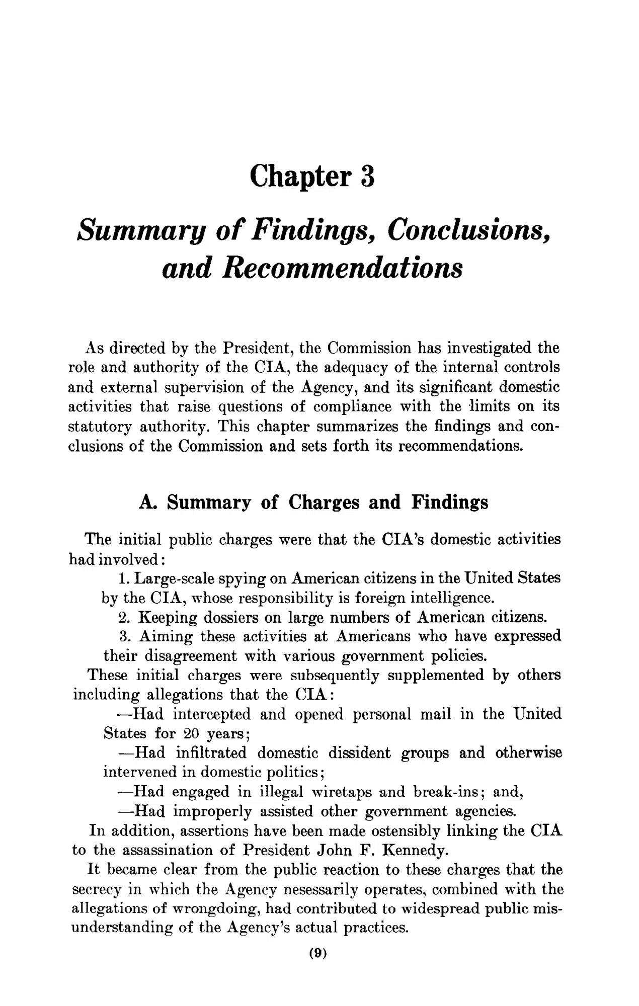 Rockefeller Commission, Chapter 3: Summary of Findings — opening source page