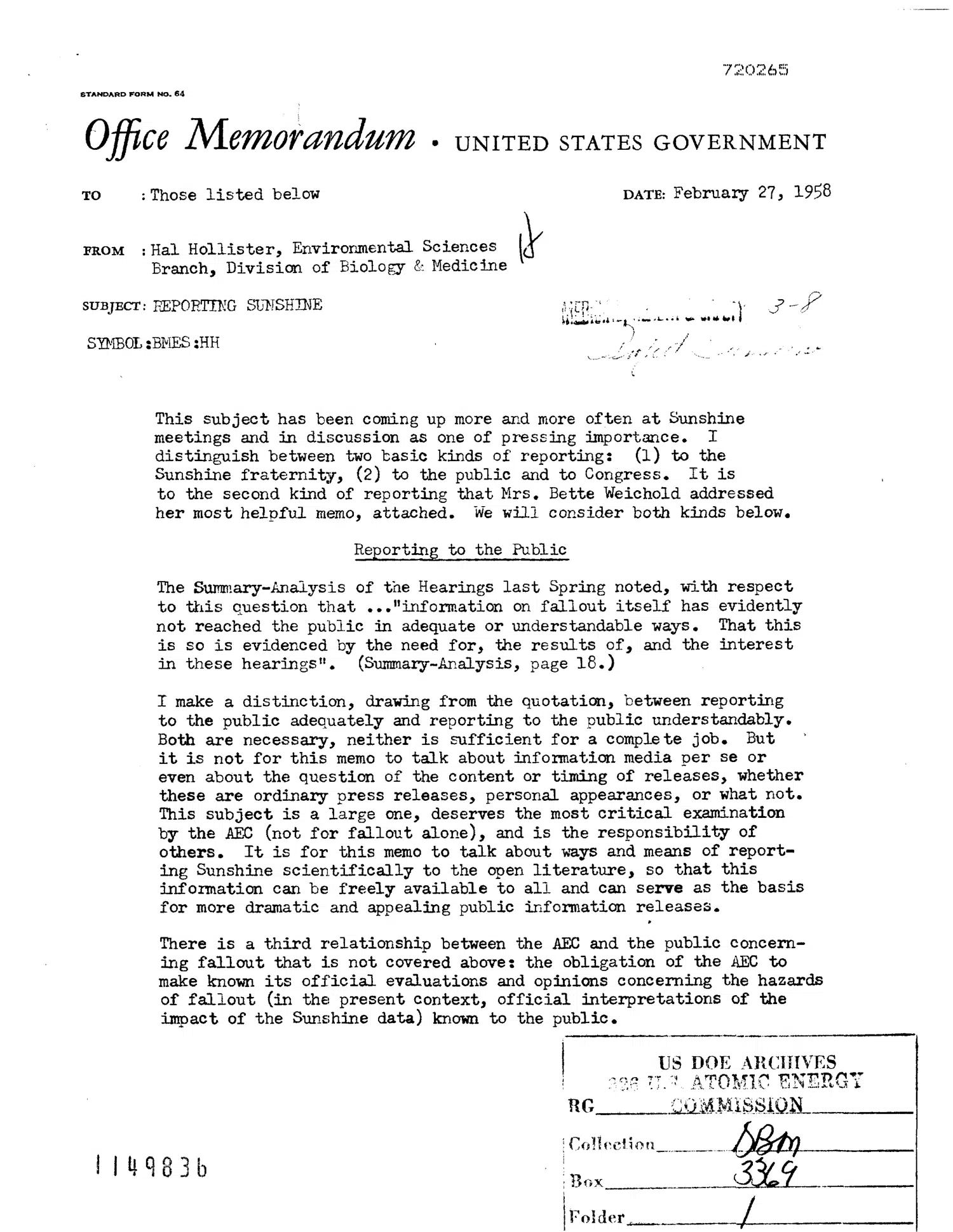 Memorandum to Dunham and others: Reporting Sunshine — opening source page