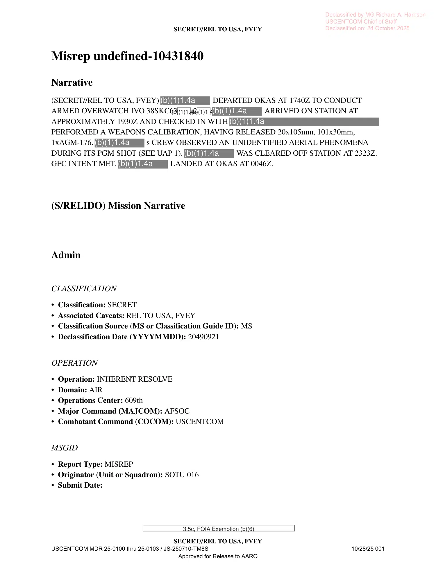 UAP mission report: infrared flare during missile calibration, September 2024 (D028) — opening source page