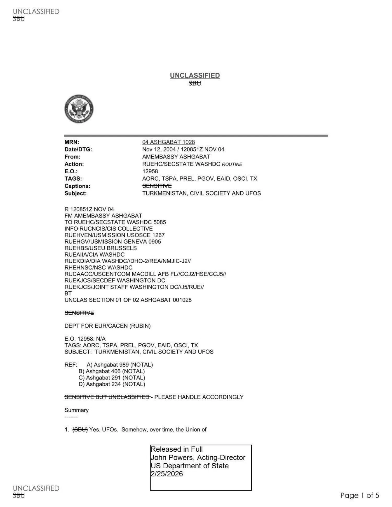 Turkmenistan cable: UFO enthusiasts and civil society, 2004 — opening source page
