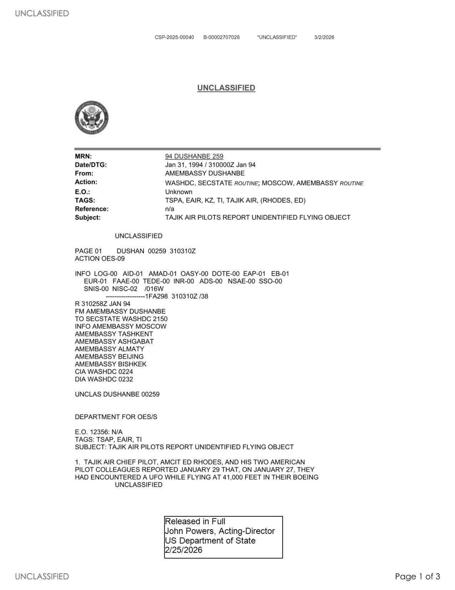 Kazakhstan cable: aircrew report of a bright object, January 1994 — opening source page