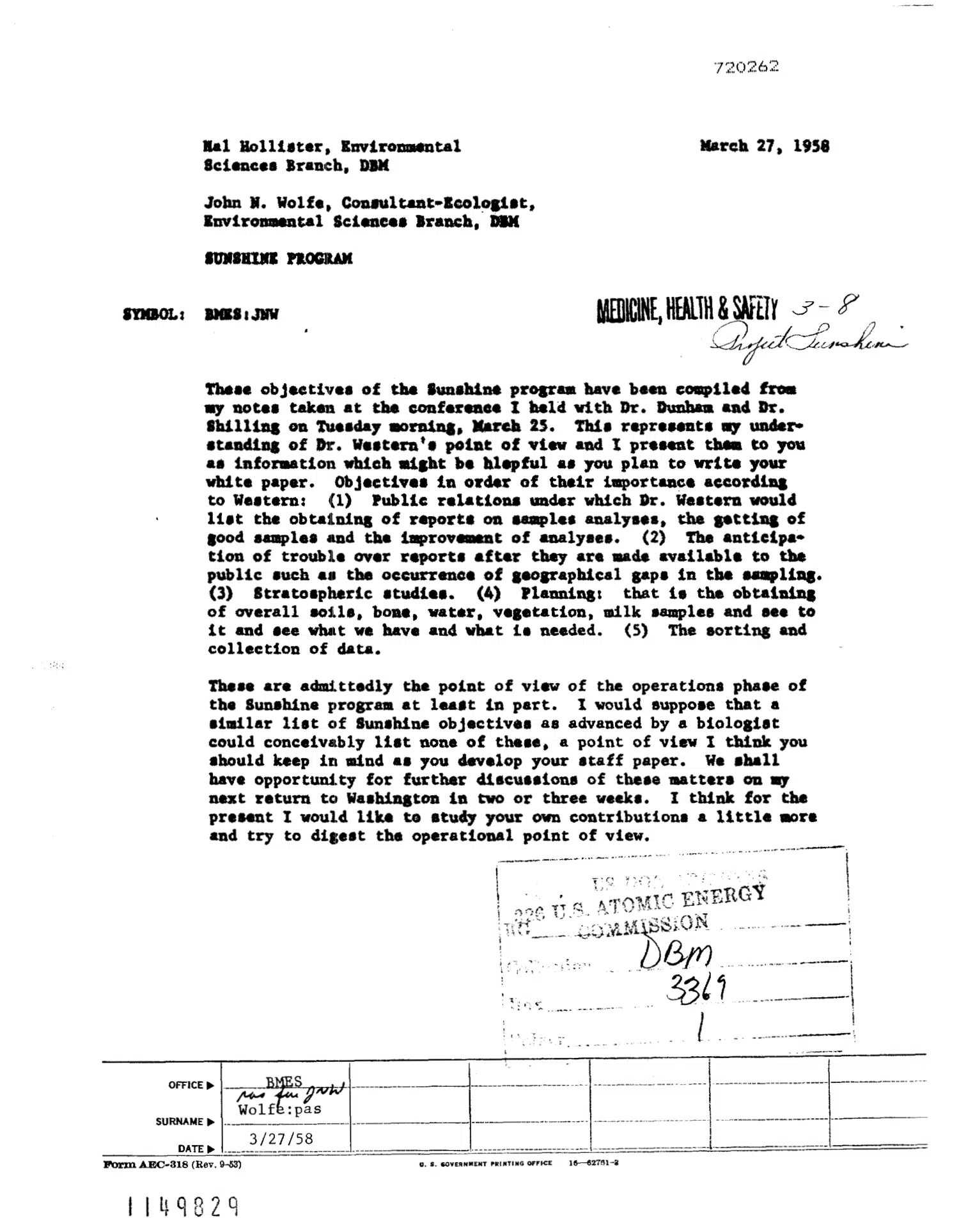 Memorandum to H. Hollister - Sunshine Program — opening source page