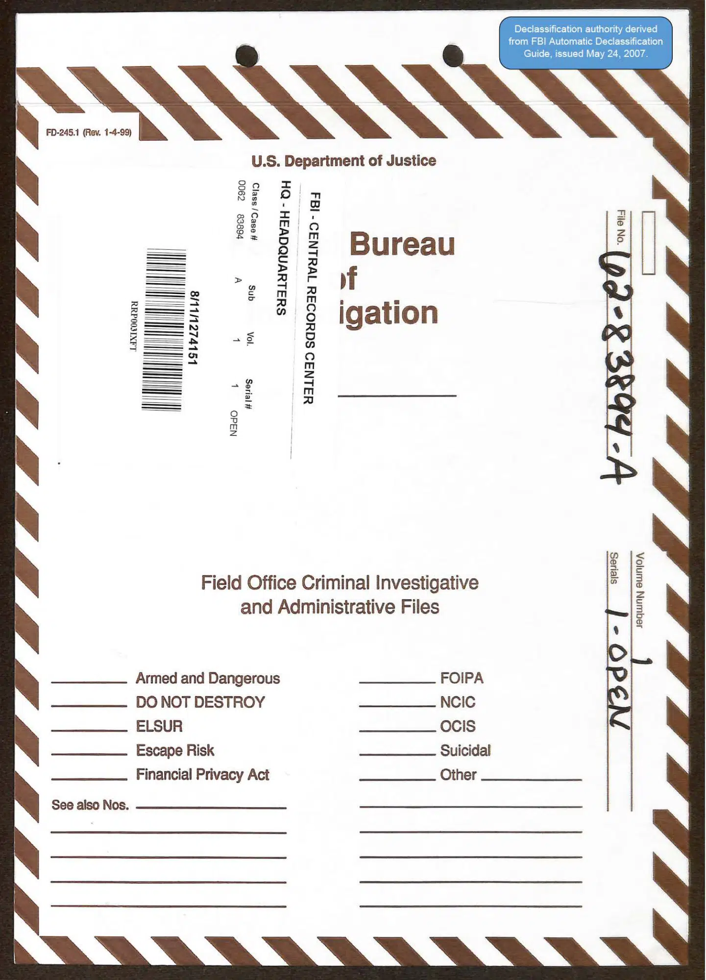 FBI flying-saucer file, Subfile A — opening source page