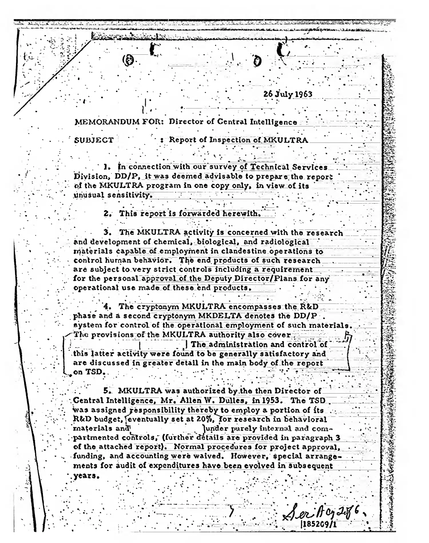 Report of Inspection of MKULTRA — earlier release — opening source page