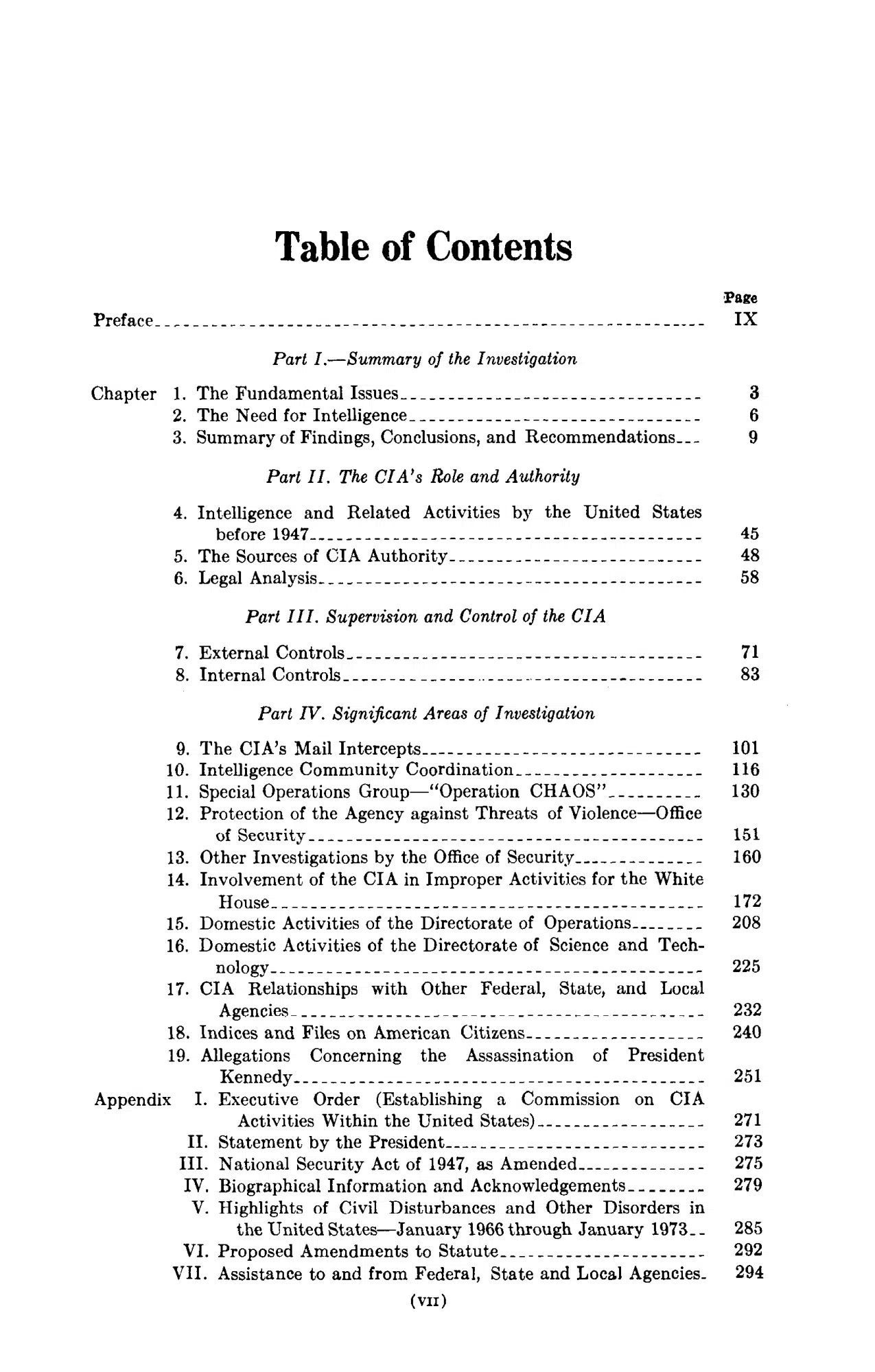 Report to the President by the Commission on CIA Activities within the United States — contents — opening source page