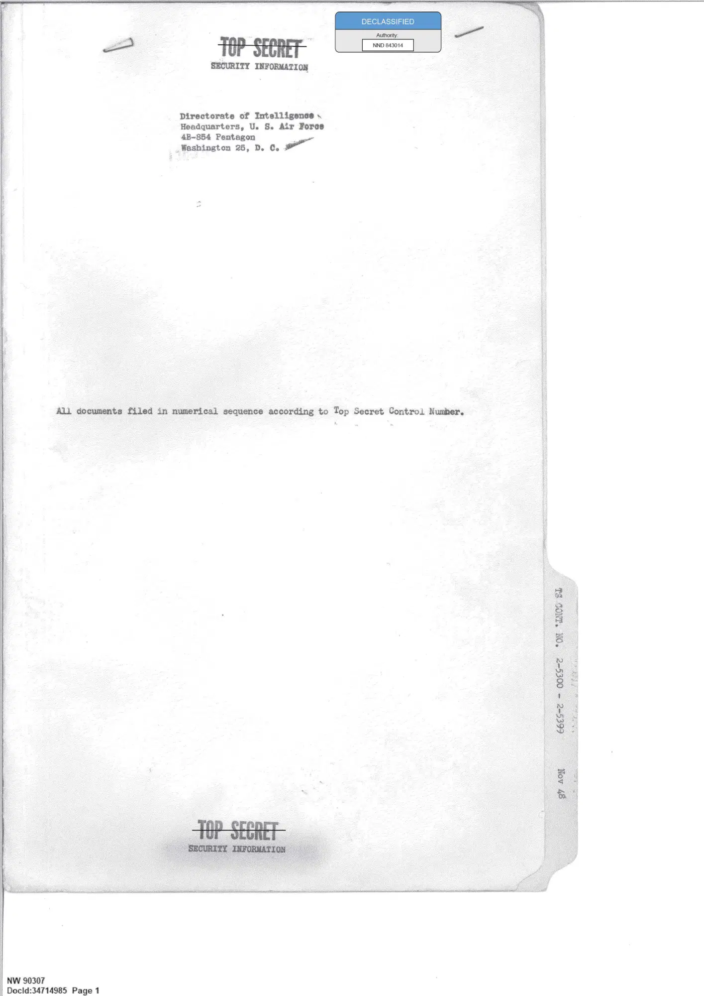 Air Force intelligence report on flying saucers, November 1948 — opening source page