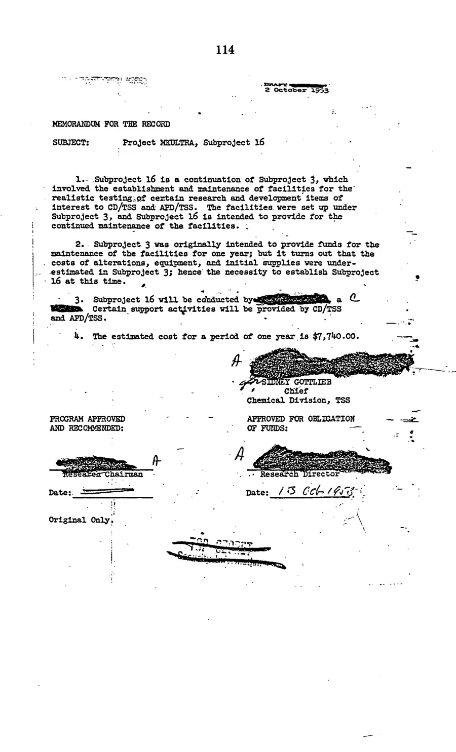 Project MKULTRA, the CIA's Program of Research in Behavioral Modification — source page 116, facsimile of the released scan
