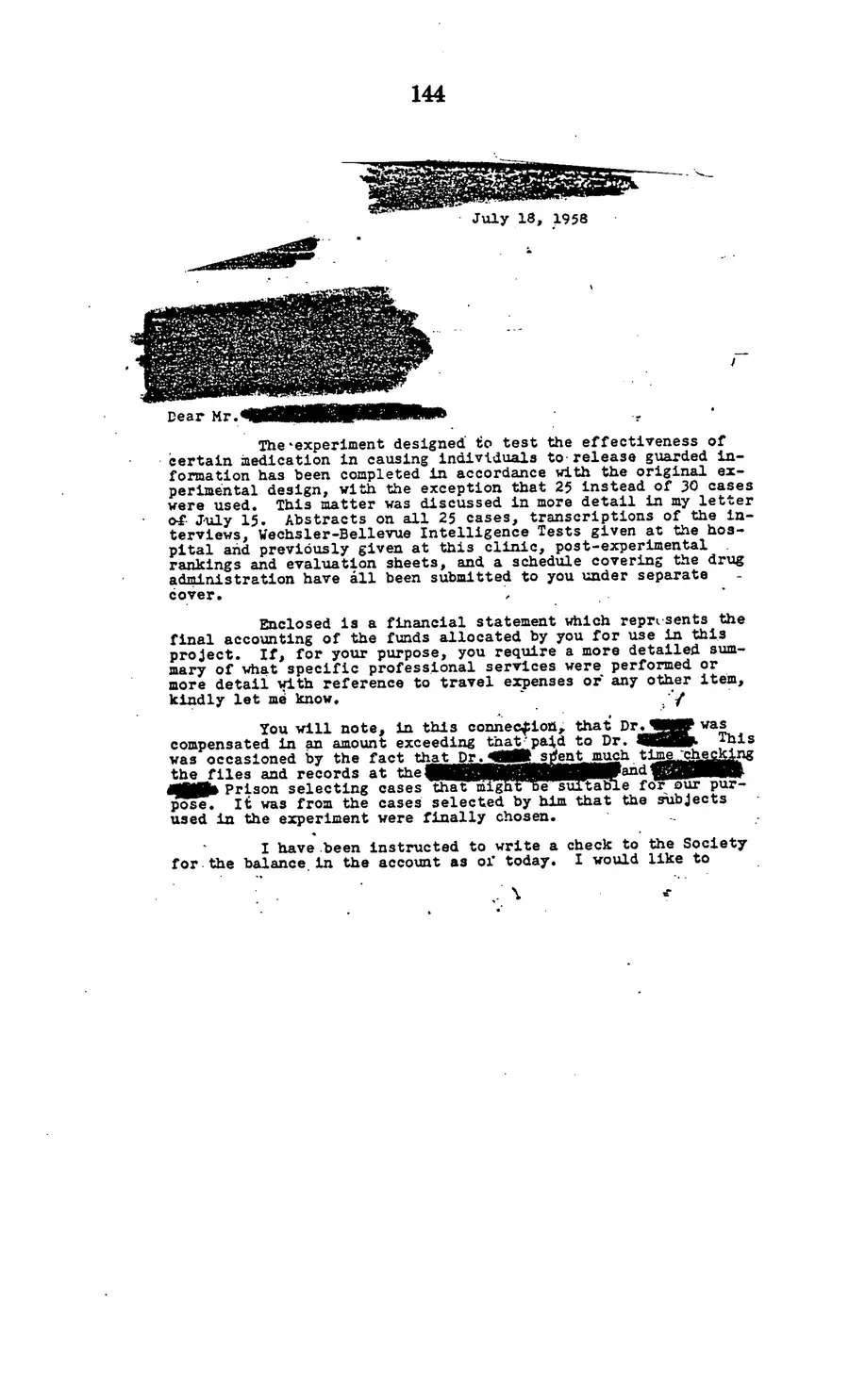 Project MKULTRA, the CIA's Program of Research in Behavioral Modification — source page 146, facsimile of the released scan