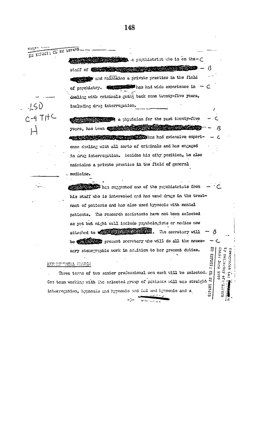 Project MKULTRA, the CIA's Program of Research in Behavioral Modification — source page 150, facsimile of the released scan