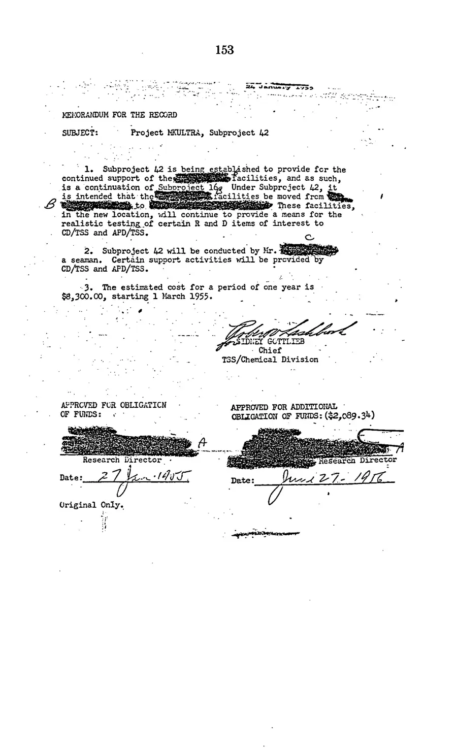 Project MKULTRA, the CIA's Program of Research in Behavioral Modification — source page 155, facsimile of the released scan