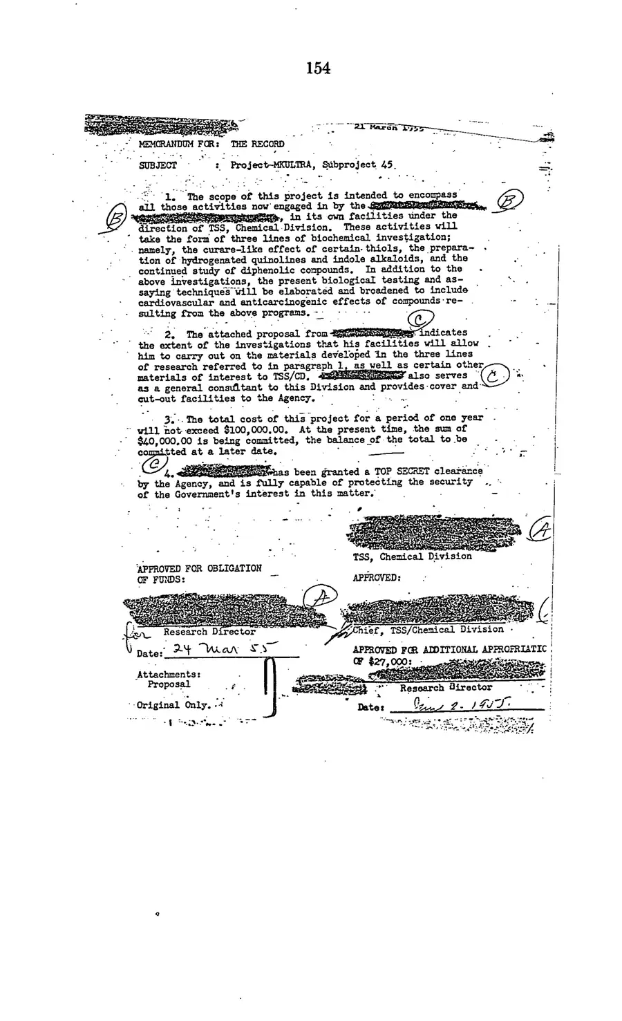 Project MKULTRA, the CIA's Program of Research in Behavioral Modification — source page 156, facsimile of the released scan