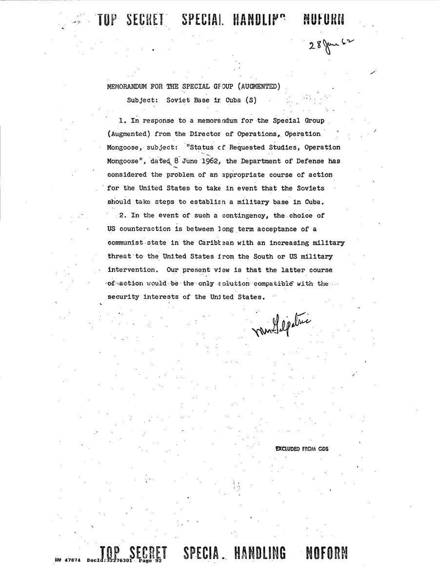 Justification for US Military Intervention in Cuba — source page 92, facsimile of the released scan