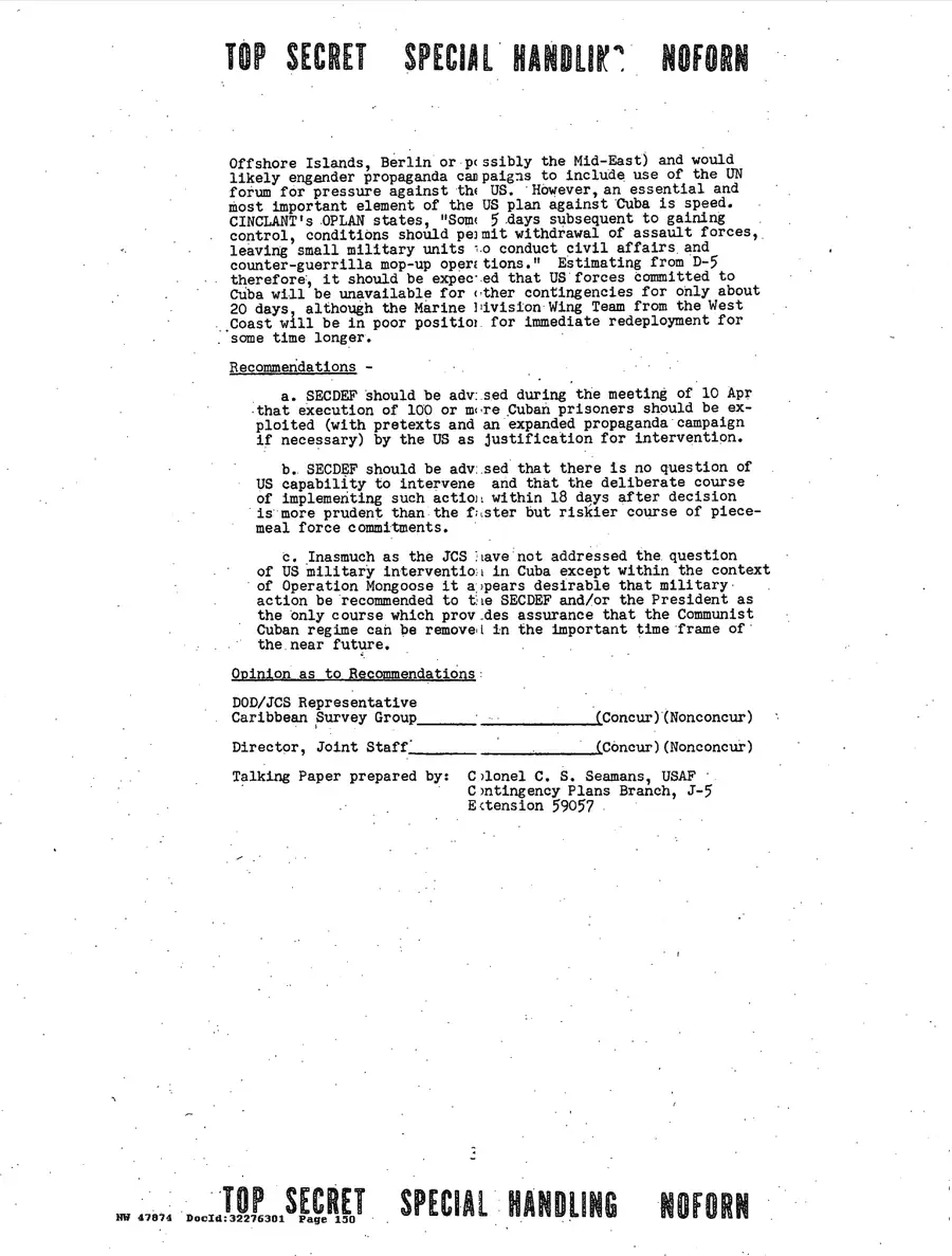 Justification for US Military Intervention in Cuba — source page 150, facsimile of the released scan